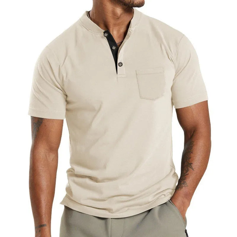 Plus size man wearing a solid colour short sleeve pullover shirt with a button chest pocket.