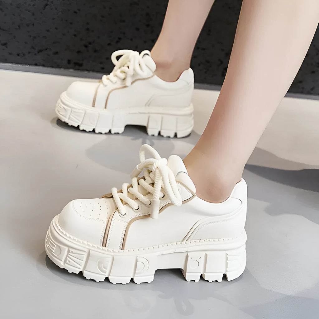 Women's beige leather casual shoes with spring muffin bottom height increase design