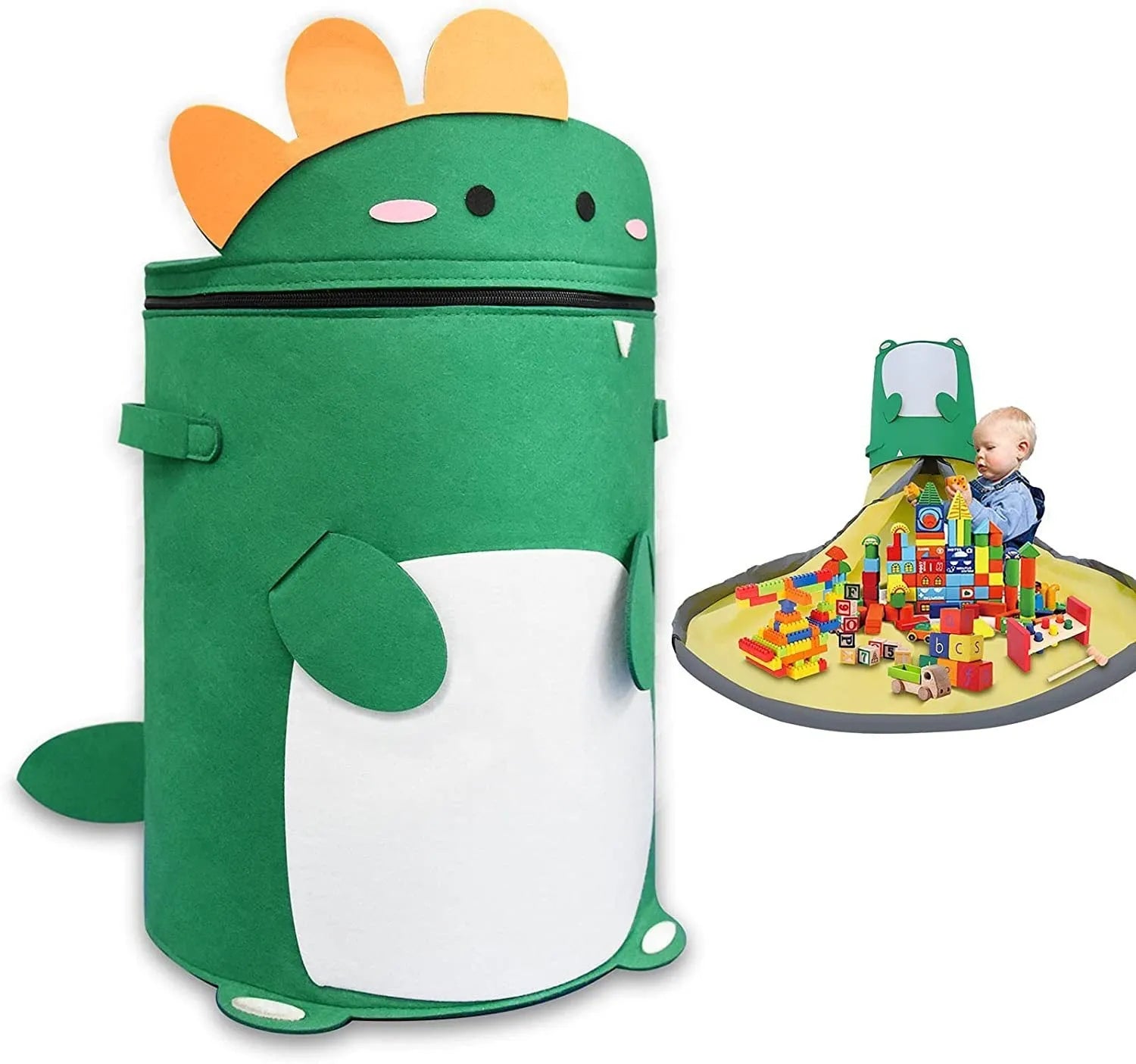 Green felt cube storage bag with pull rope shown as both a toy play mat and closed storage container