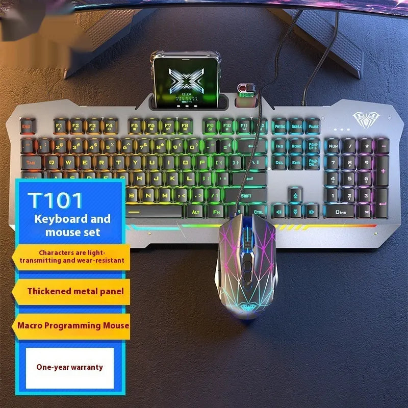 Black and white wired mechanical-feeling keyboard mouse headset bundles with RGB or blue backlighting