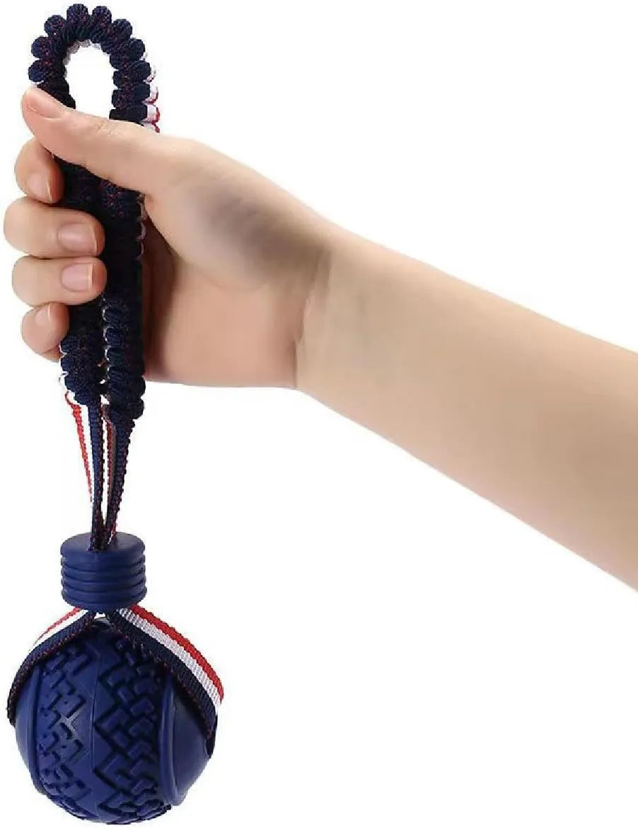 Blue and red durable rubber dog ball with rope attachment toy for medium and small dogs