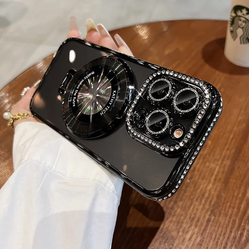 Transparent silicone iPhone case with rhinestones and a magnetic bracket in blue colour.
