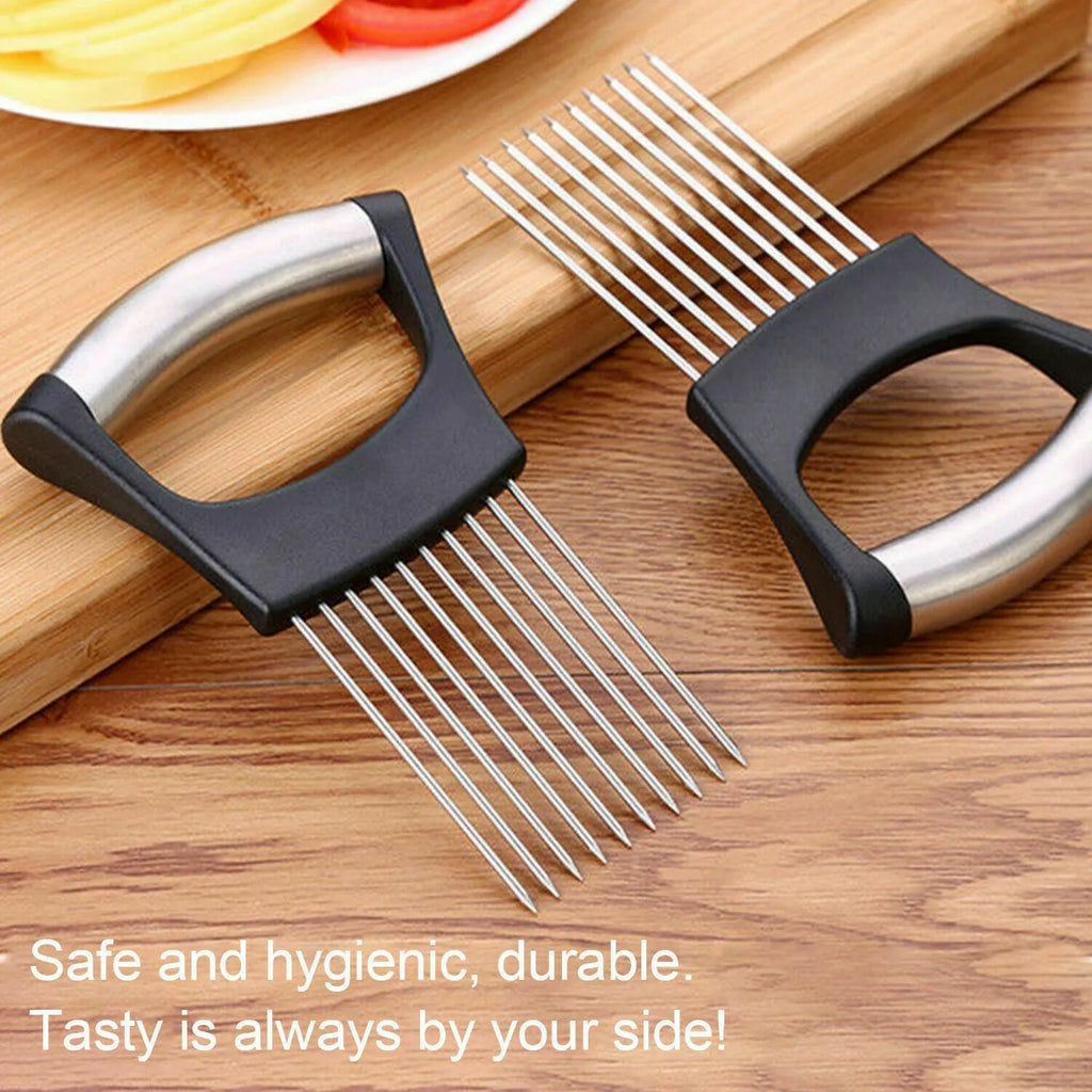 Stainless steel onion holder slicer with ABS handle measuring 14cm by 9.5cm