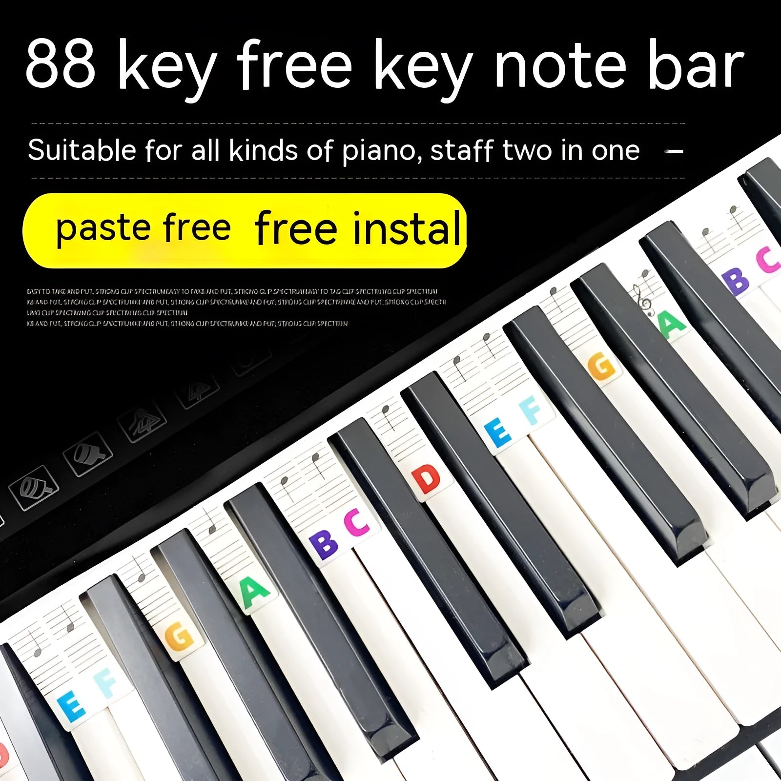 88 key piano keyboard stickers set with black notes and colour note bars on white card material