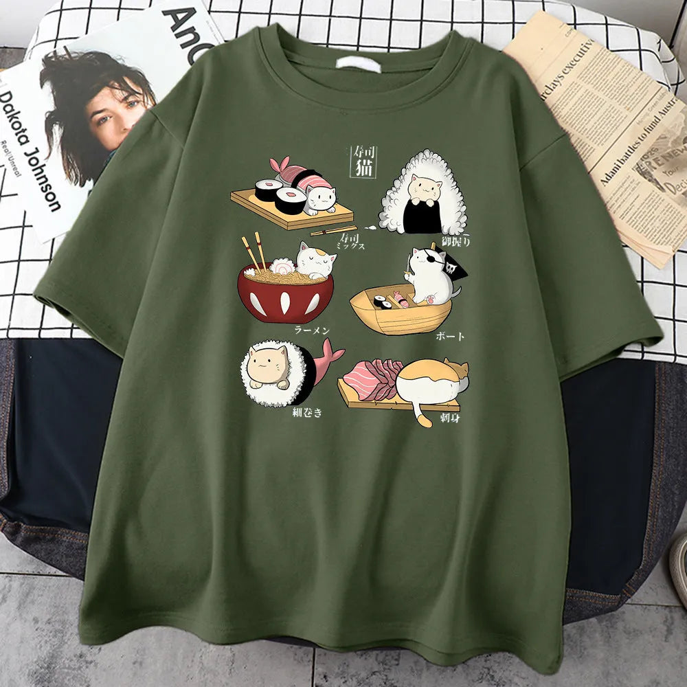 Men's black cotton t-shirt with cute cat sushi cartoon print design, short sleeves, loose fit