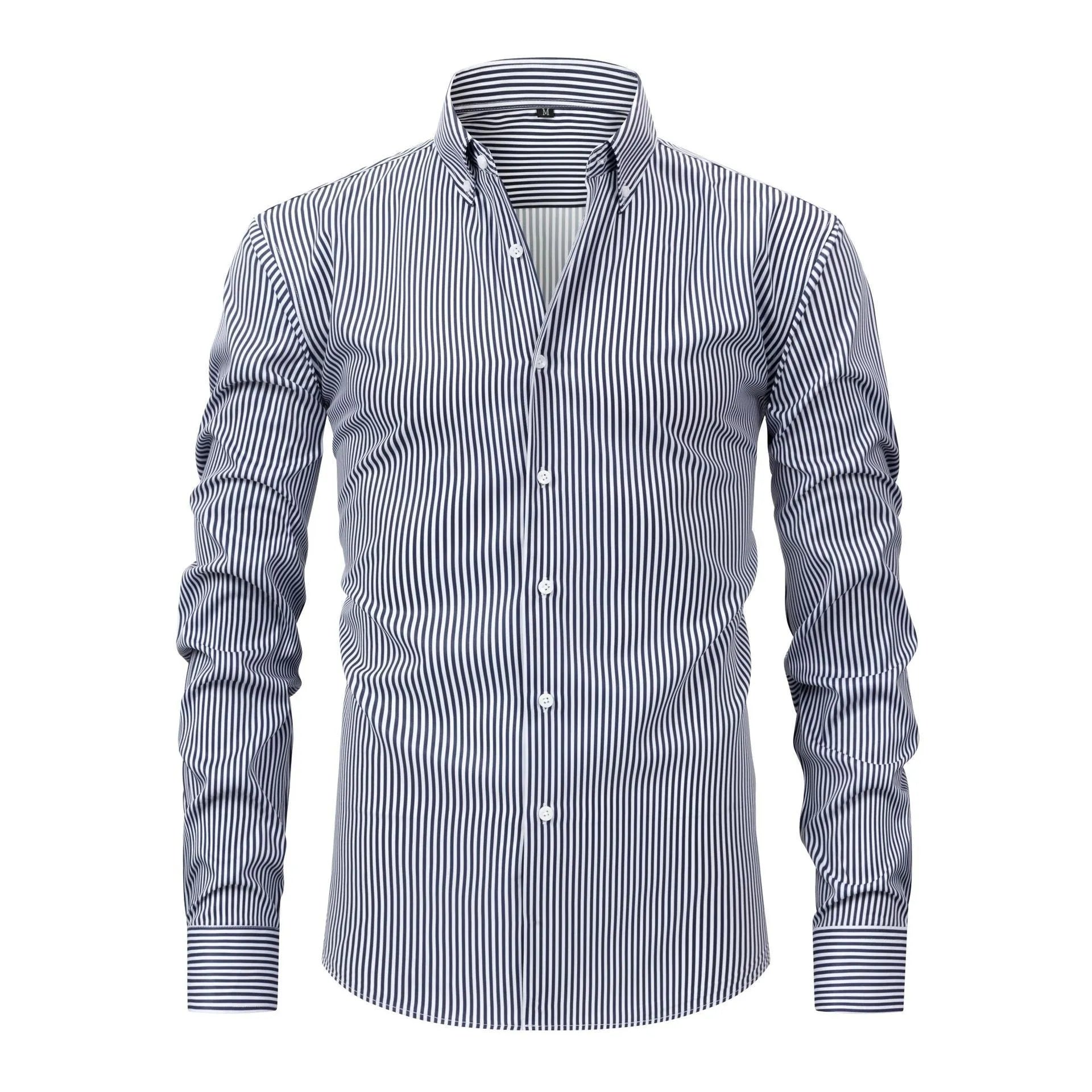 Man wearing striped long-sleeved business shirt with lapel collar in non-ironing fabric