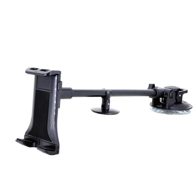 Black vehicle-mounted tablet holder with suction cup for 4-12 inch devices.