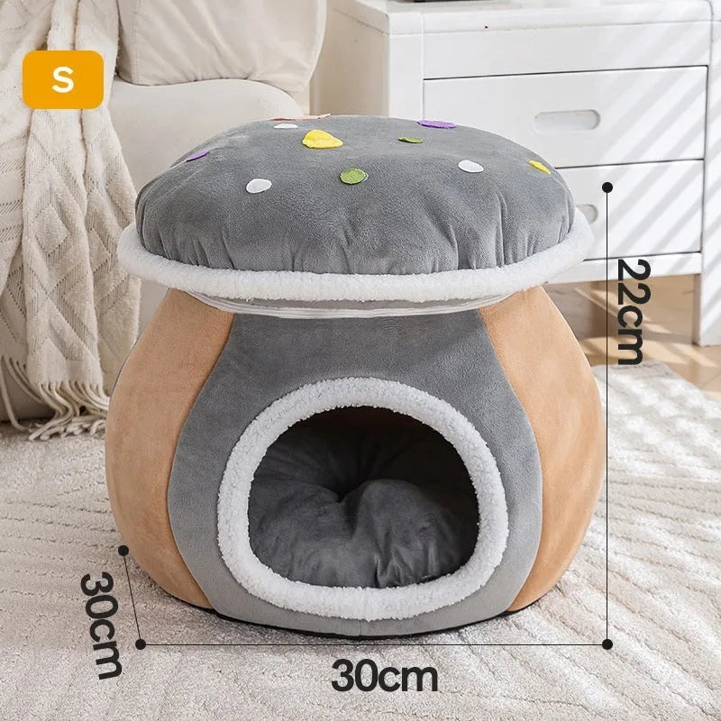 Mushroom-shaped plush cat bed in purple, pink, or grey colours