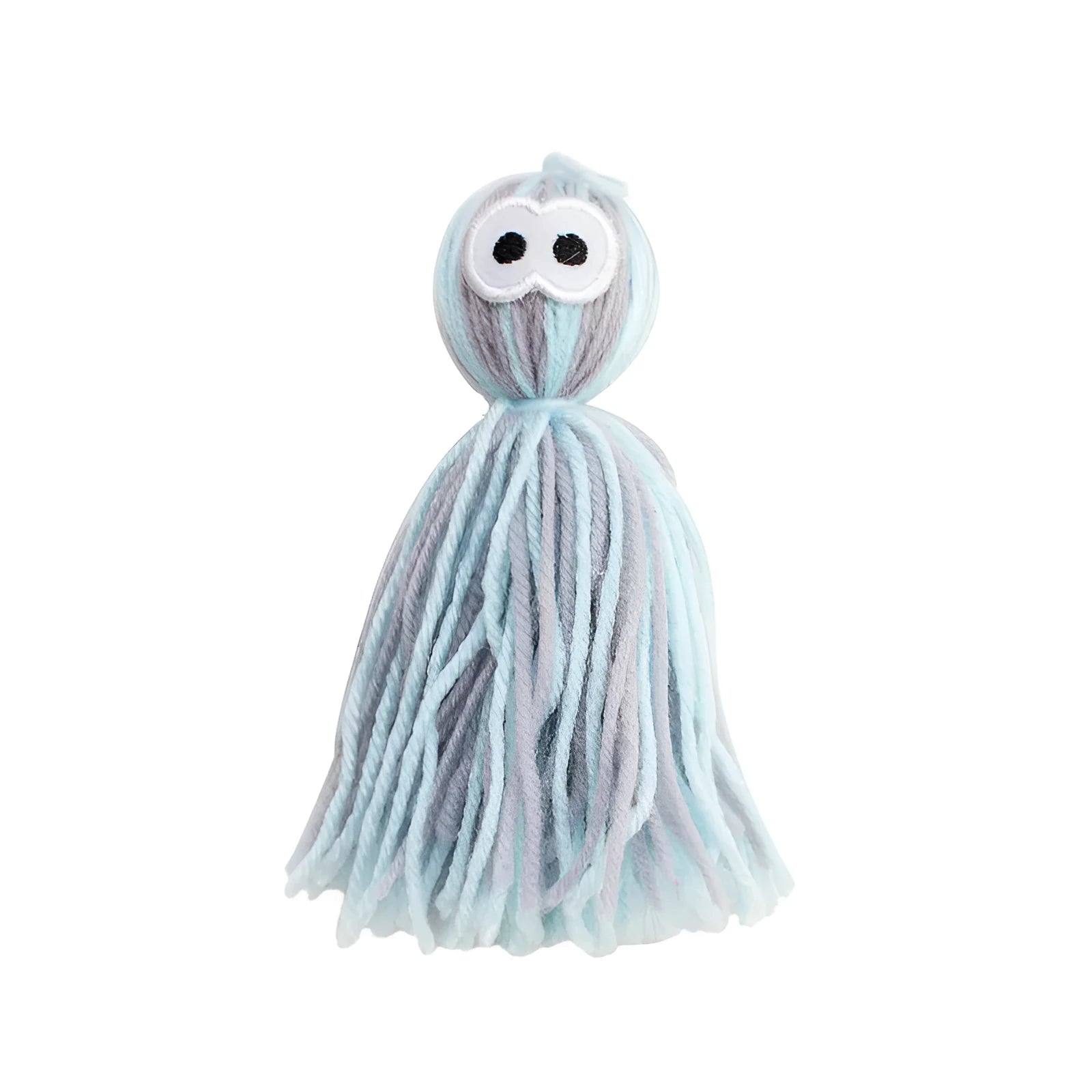 Blue grey wool ball cat toy with teaser stick, shown hanging and on a surface.