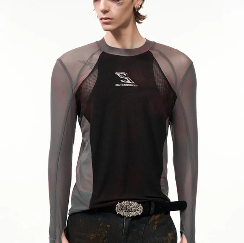 Women's tight mesh stitching long sleeve top in Korean style with round neck and regular length