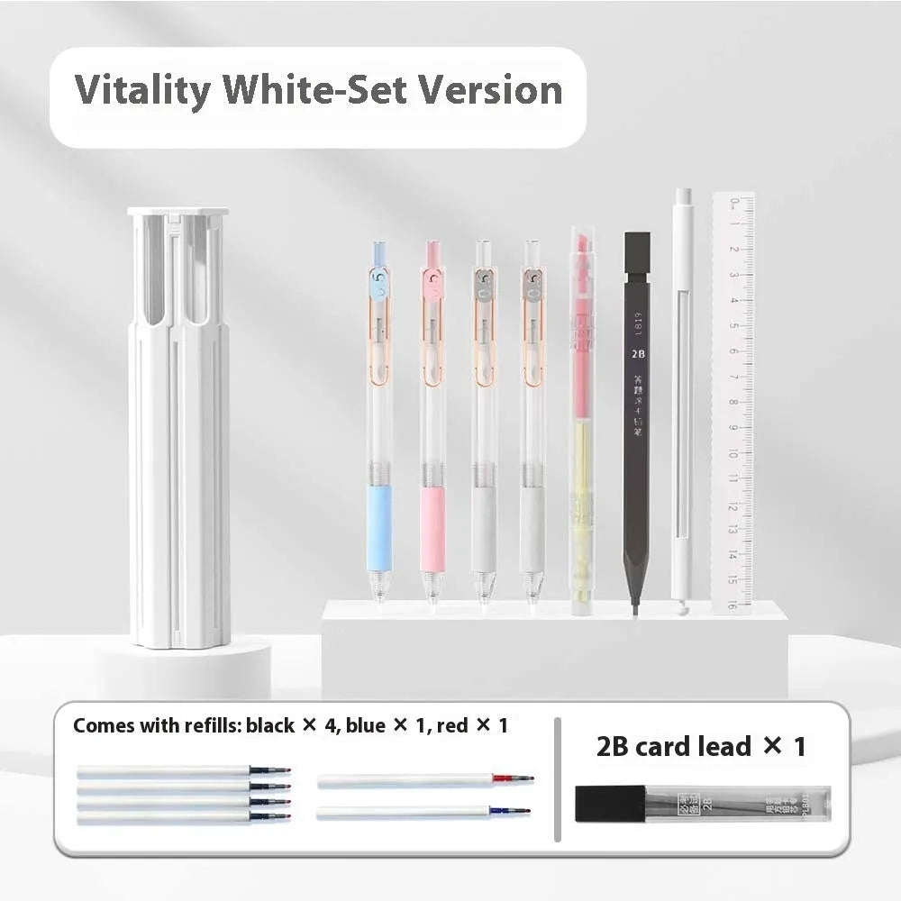 Pressing pen kit with plastic pencil case in blue, white, or pink containing six or sixteen pens