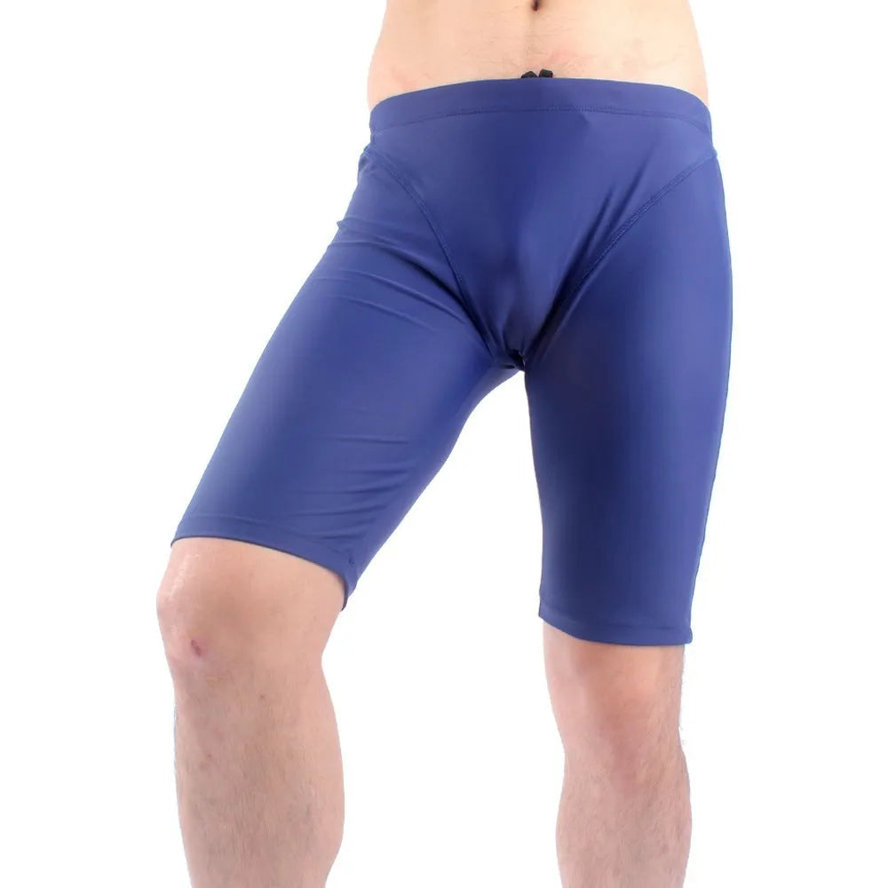 Men's quick-drying five-point swimming trunks in navy blue nylon fabric, loose fit for swimming or wading