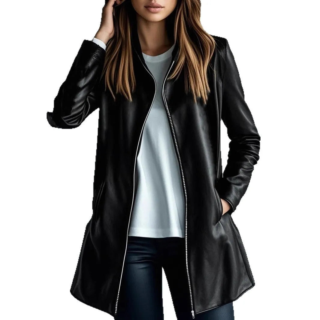 Black polyester women's leather jacket with long sleeves on a hanger.