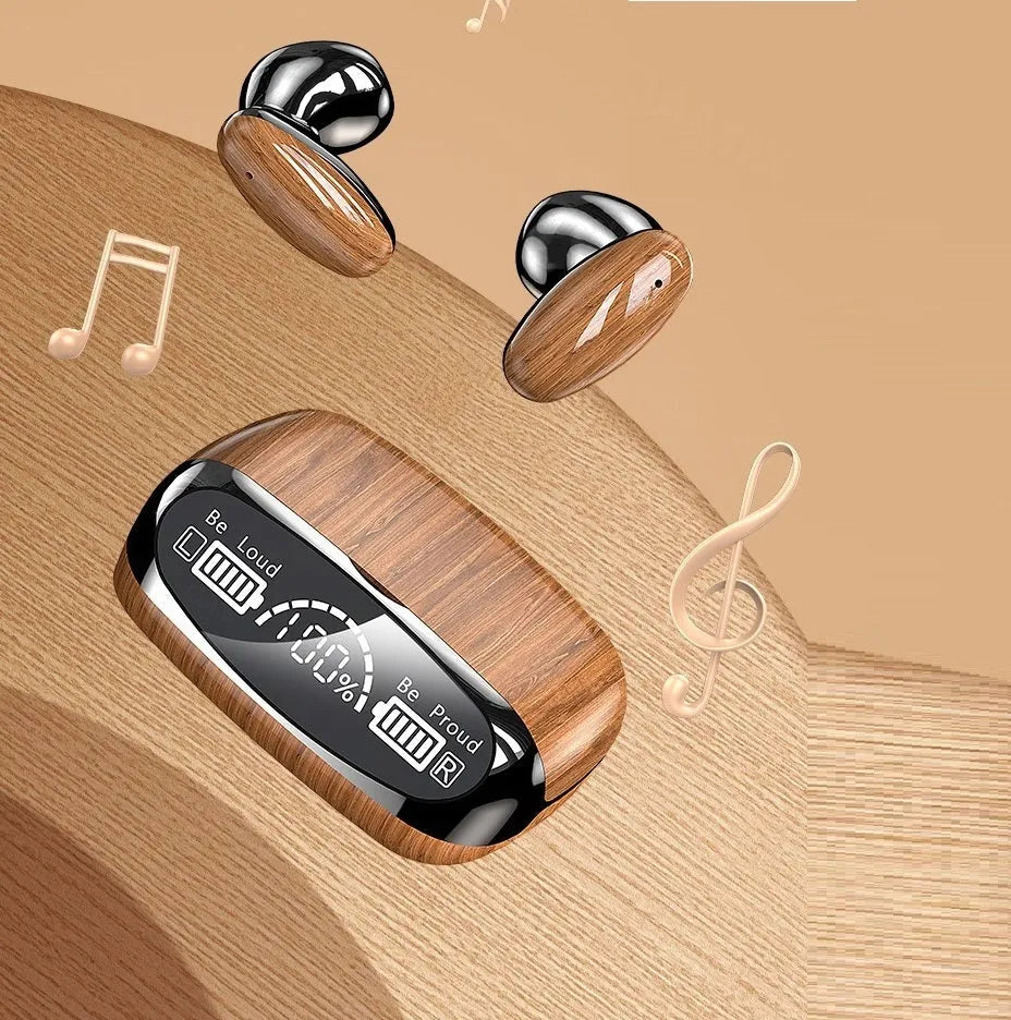 M35 Wood Grain Bluetooth wireless earbuds and charging case with power display