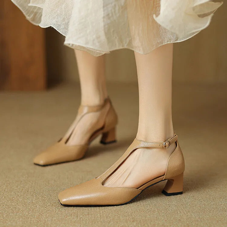 Wine red women's square toe chunky heel shoes made from sheepskin leather with a buckle strap.