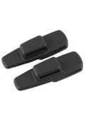 Two black ABS plastic universal car seatbelt stopper clips in clear OPP packaging