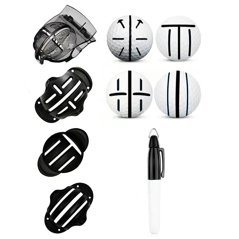 Plastic golf putter alignment scriber tool set with drawing pens on a putting green.