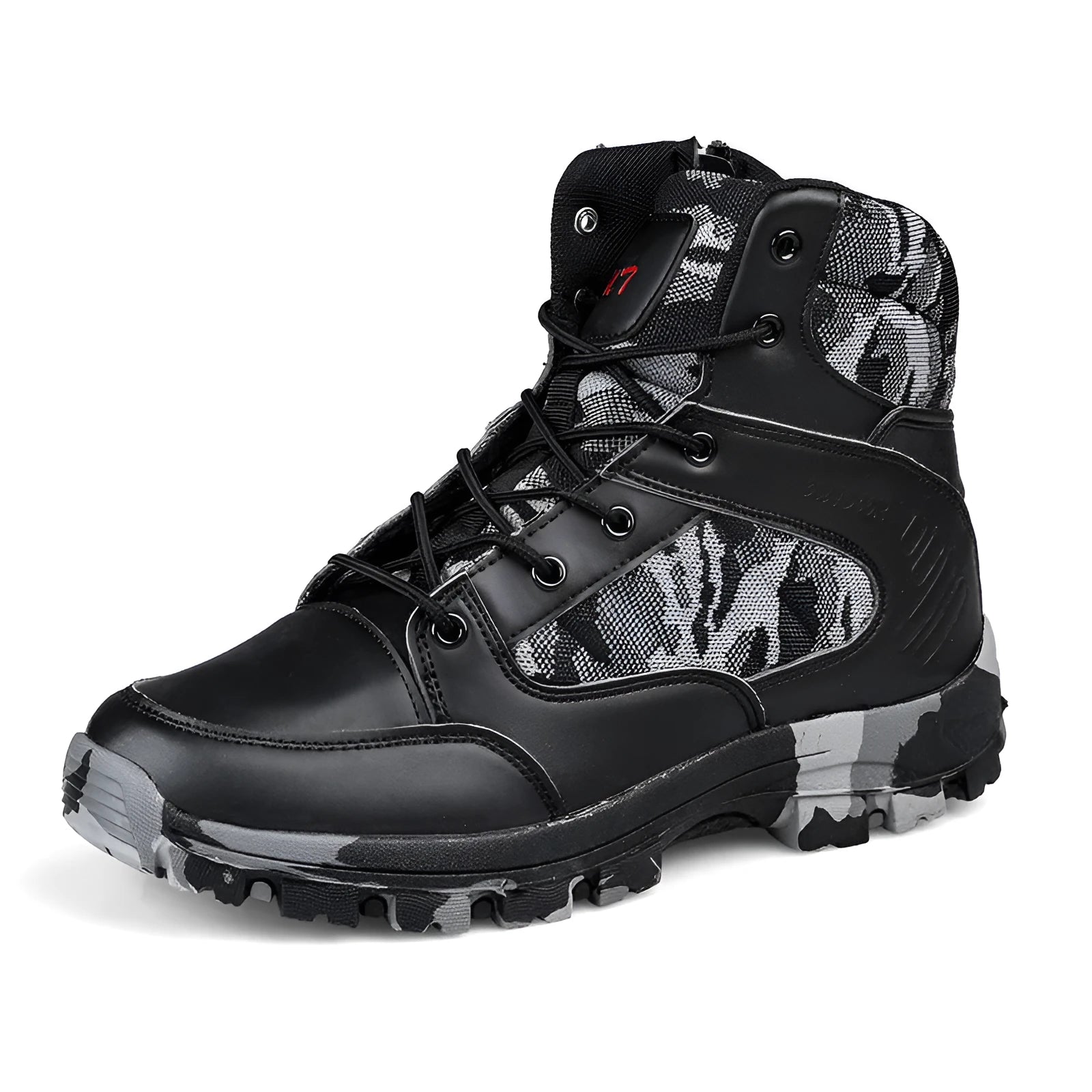 Men's black high-top hiking shoes with metal details and artificial PU upper, side view.