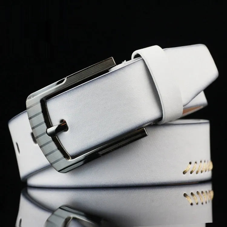 Men's threading casual belt with retro pin buckle in black imitation leather