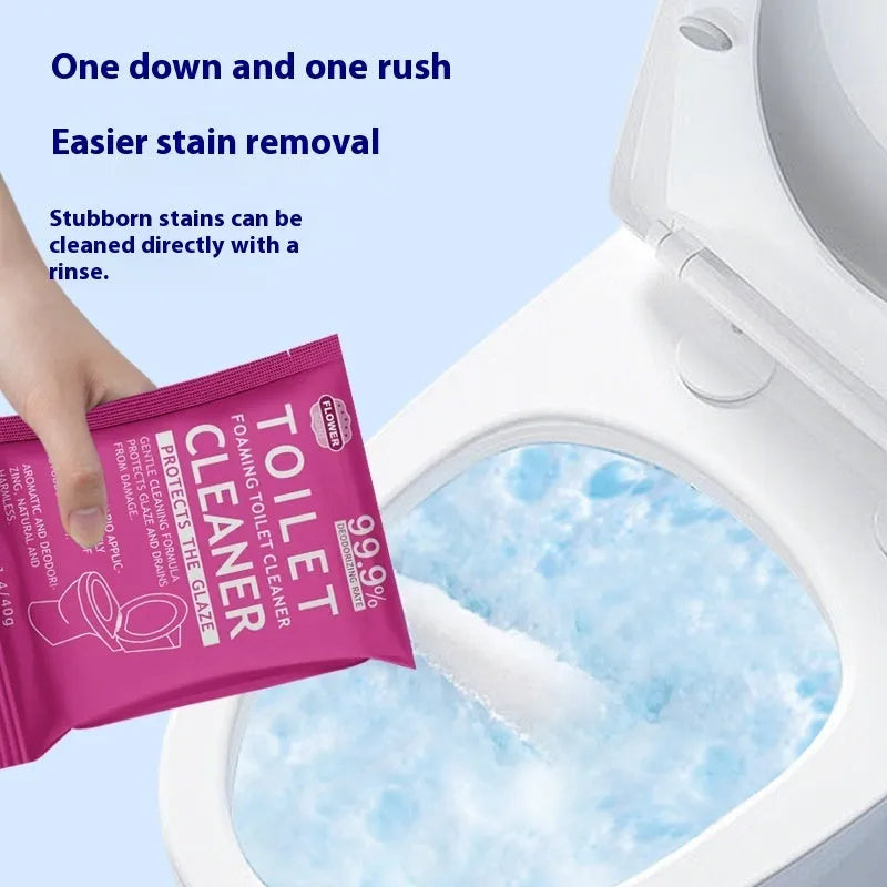 Box and bag of toilet bubble cleaning powder in blue and pink fragrance options.