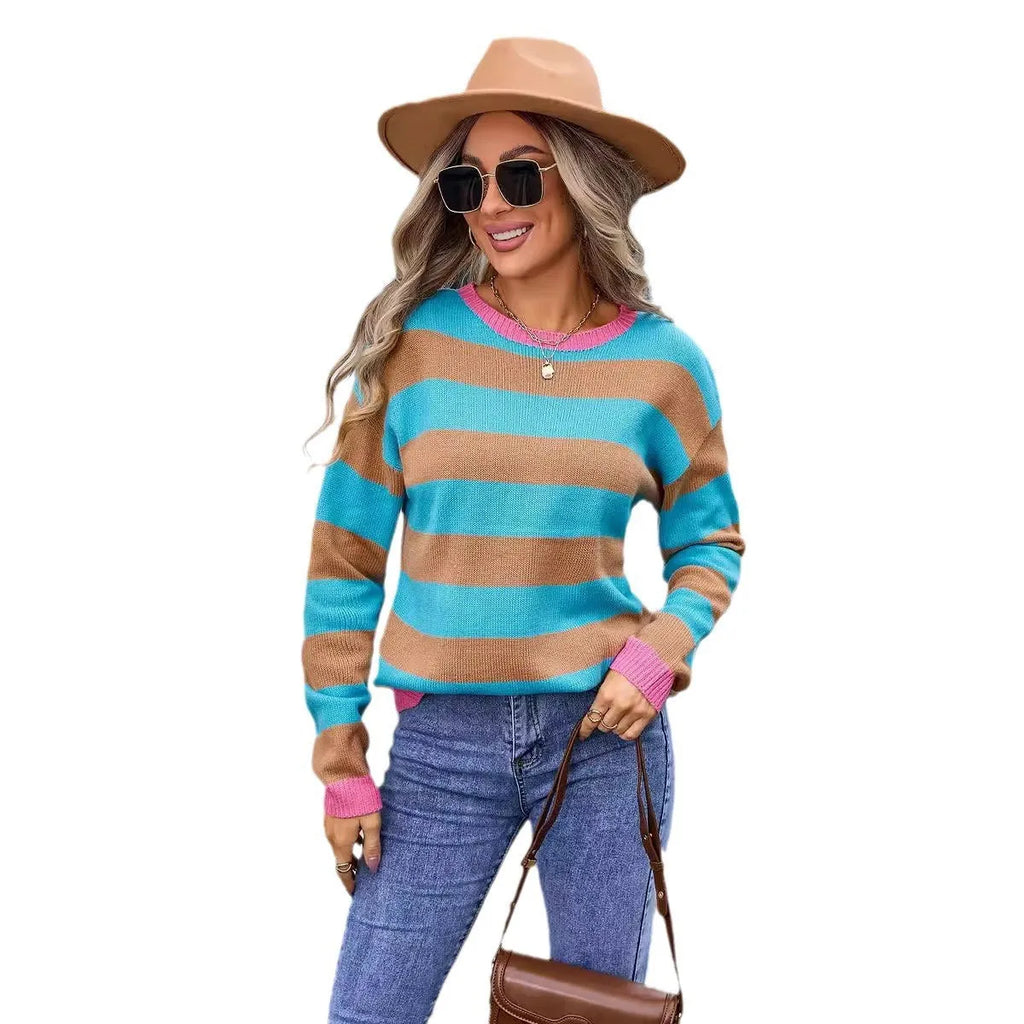 Women's loose fit long sleeve acrylic sweater in blue colour with striped pattern
