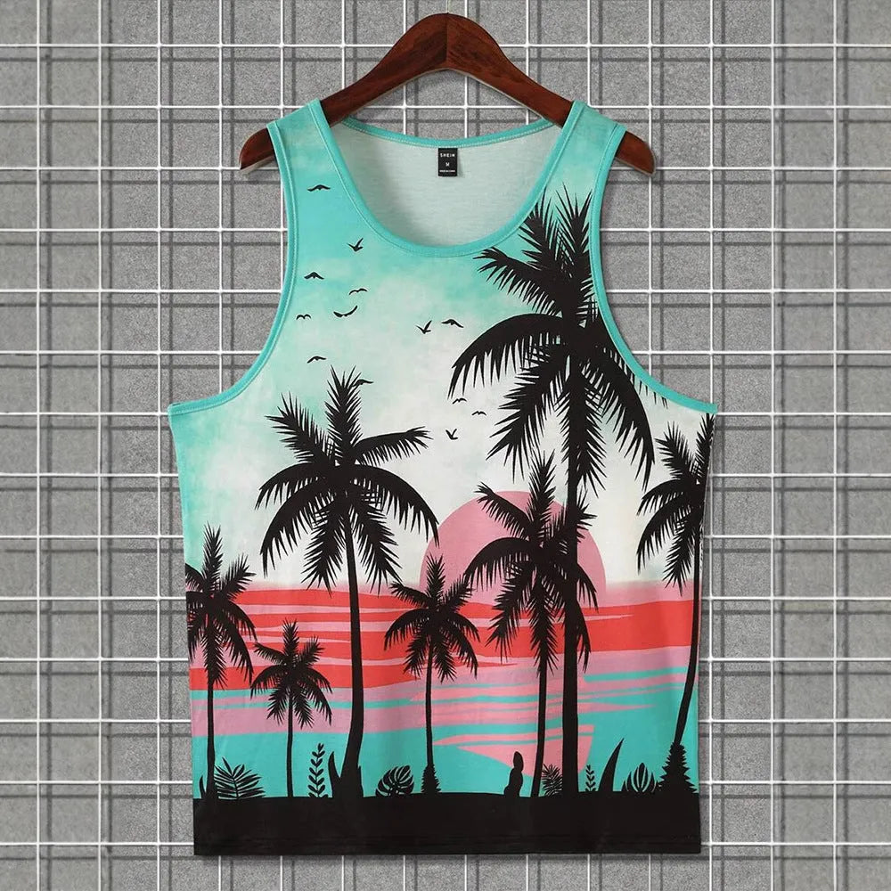 3D printed Hawaiian style men's sleeveless vest tank top in solid colour on polyester fabric