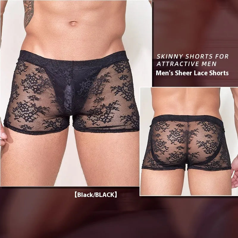 Men's nylon boxer briefs with decorative lace trim panels in black, white, and red colour options