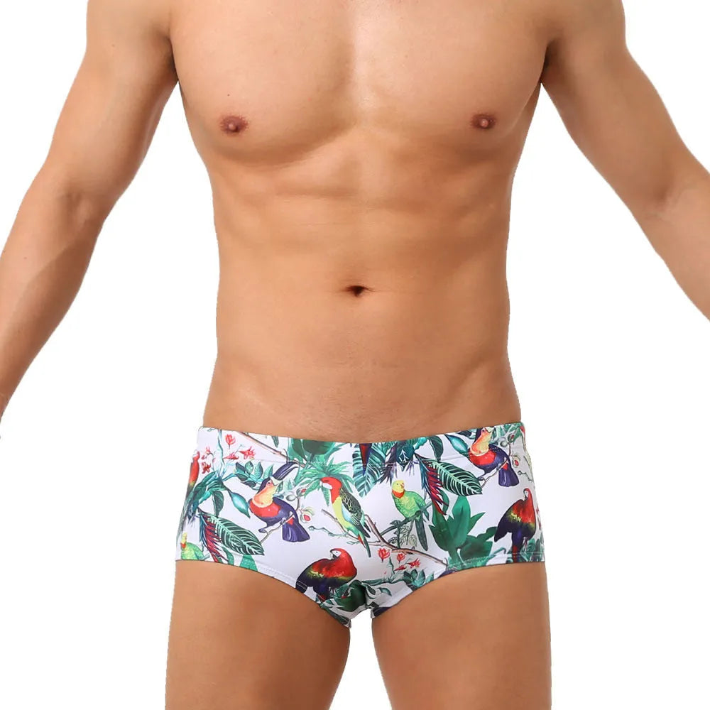 Men's nylon swimming trunks with flower-bird print in briefs and boxer styles