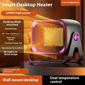 Compact white PTC ceramic desktop electric heater with control buttons and a directional grille.