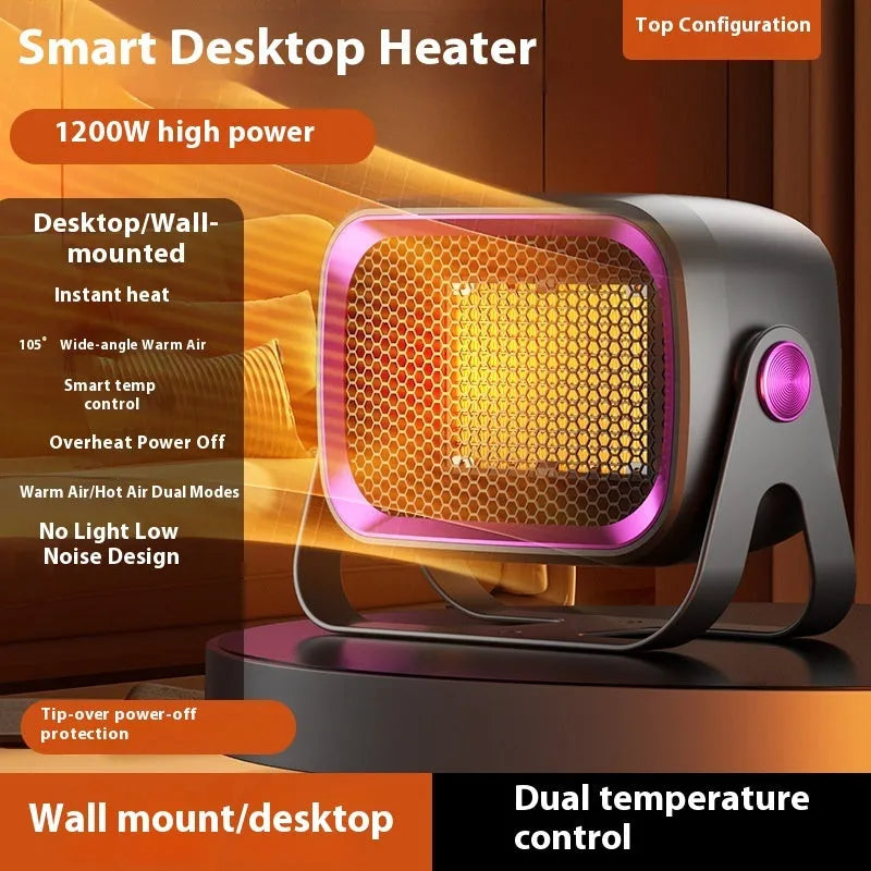 Compact white PTC ceramic desktop electric heater with control buttons and a directional grille.