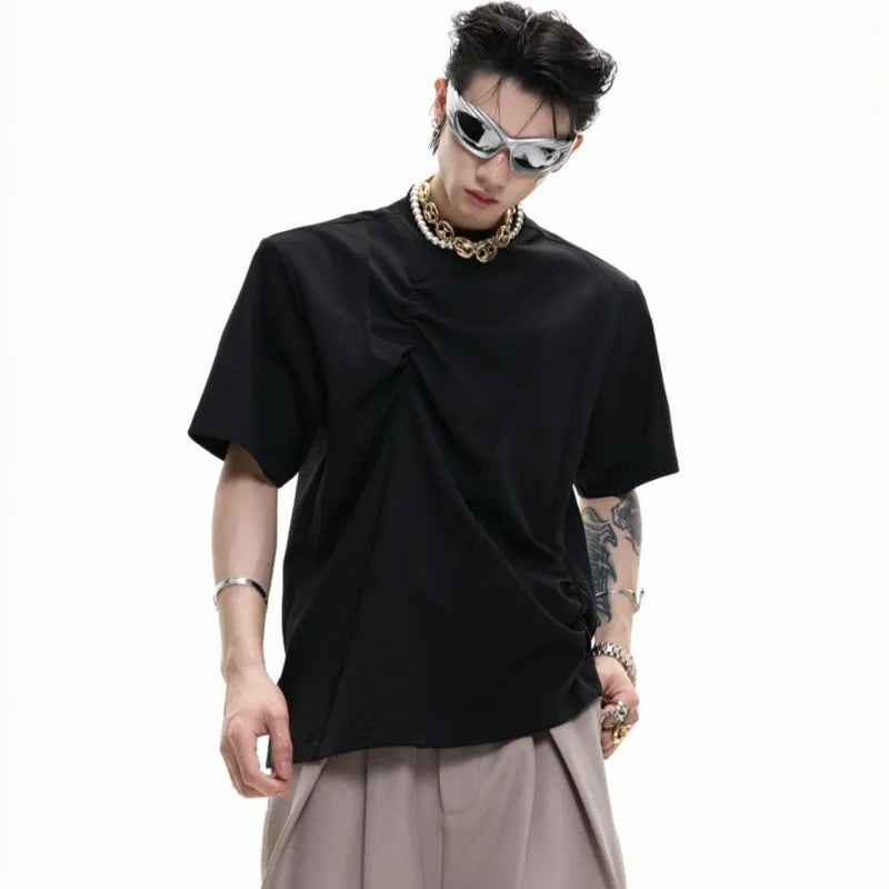 Men's grey pleated cotton T-shirt with round neck and asymmetric stitching