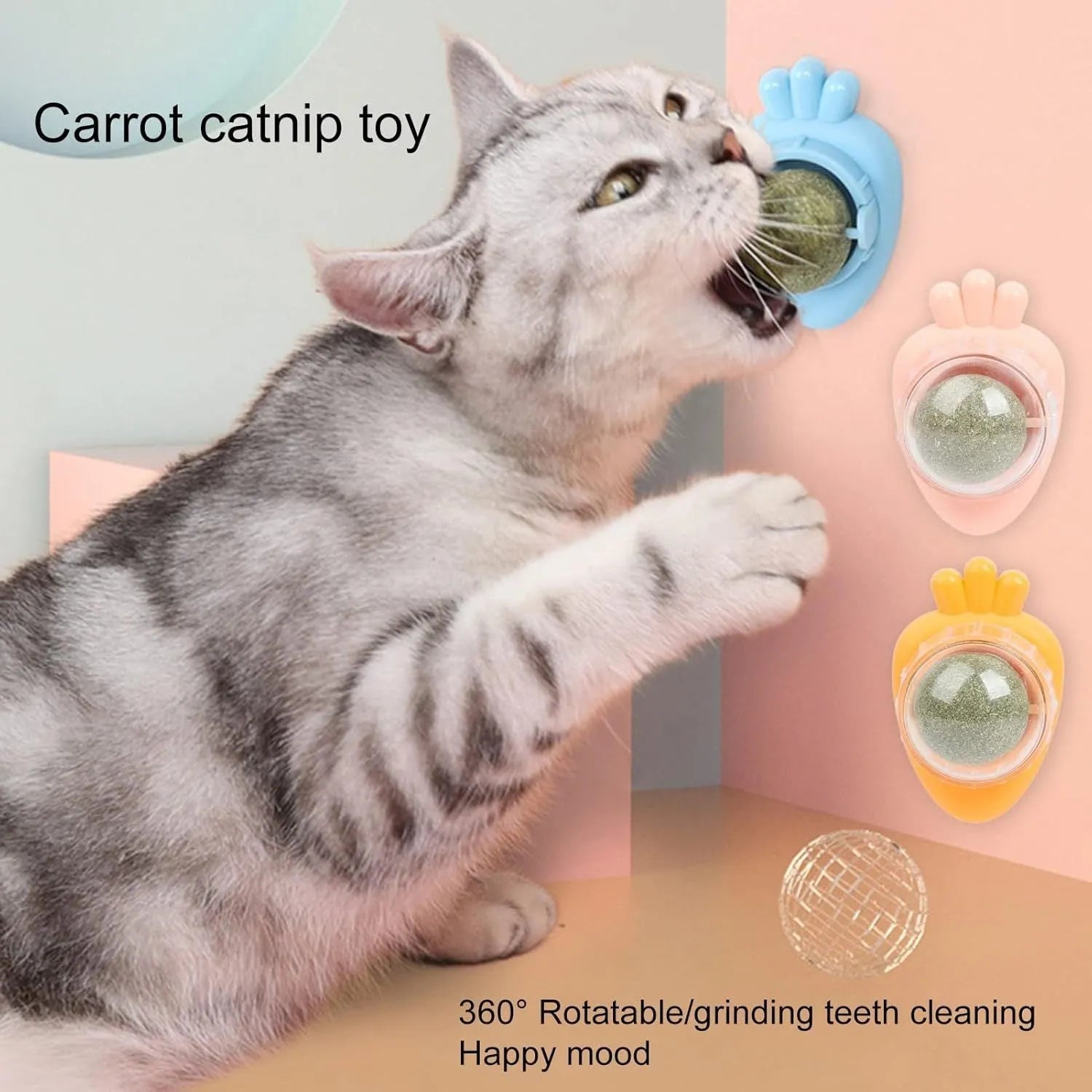 Blue carrot-shaped self-adhesive catnip wall balls for indoor cat teeth cleaning