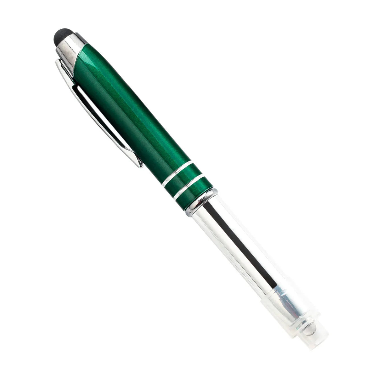 Metal multifunctional stylus pen with capacitive tip, ballpoint pen, and LED light in multiple colour options