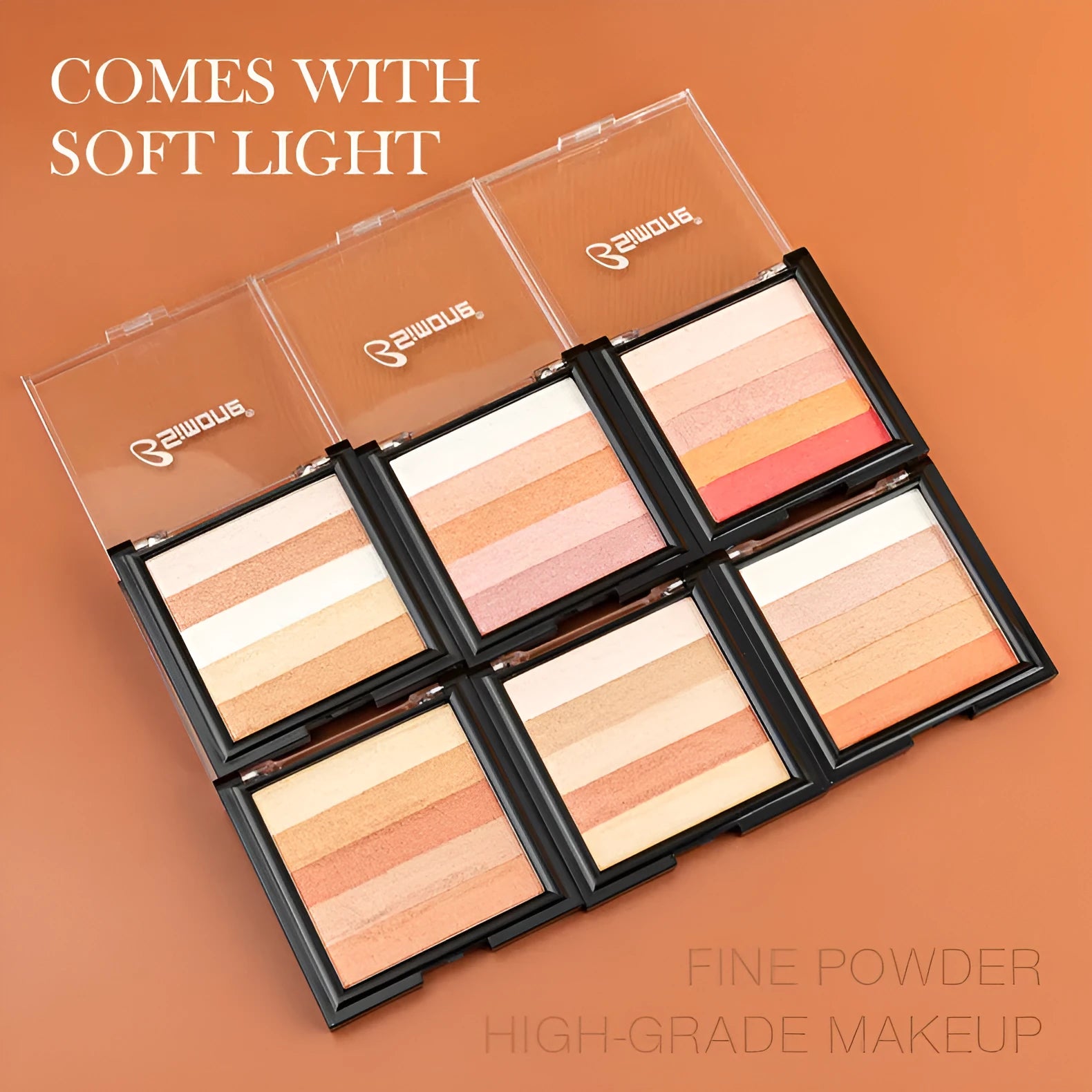Eye shadow compact showing six colour style options for natural three-dimensional contouring and brightening