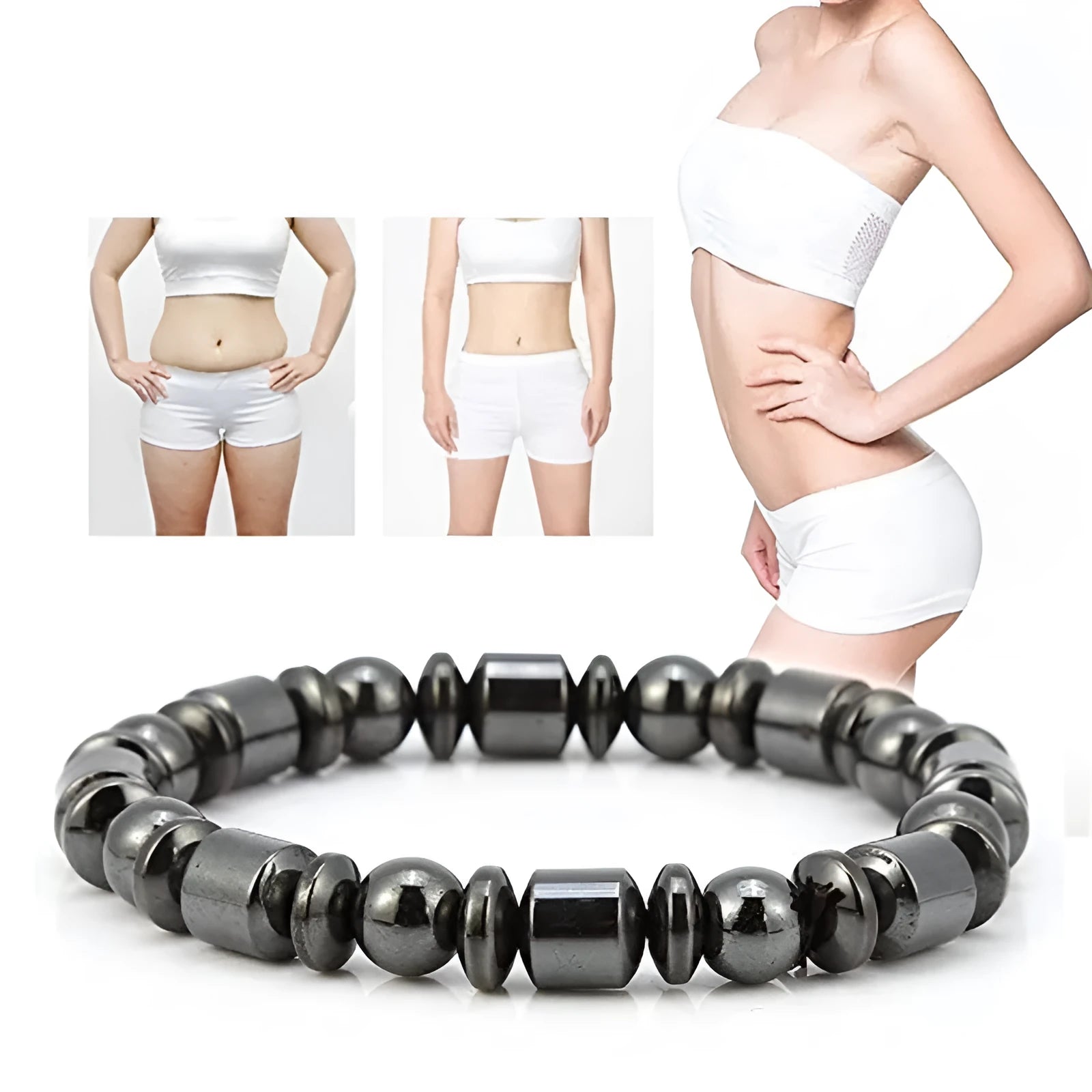 Black pentagram design magnetic therapy bracelet made from magnetite and hematite stones on a wrist.