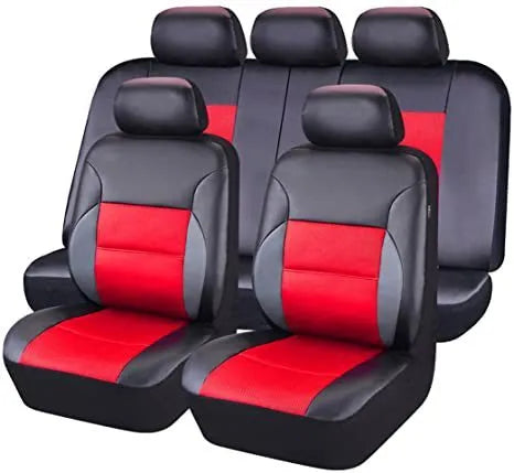 Artificial leather car seat cover set shown in vehicle with colour options and different set configurations