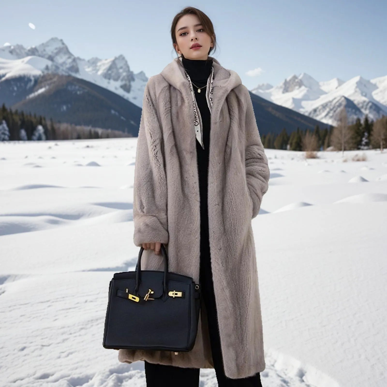Brown leopard print plus size faux fur coat with extended length and regular sleeves