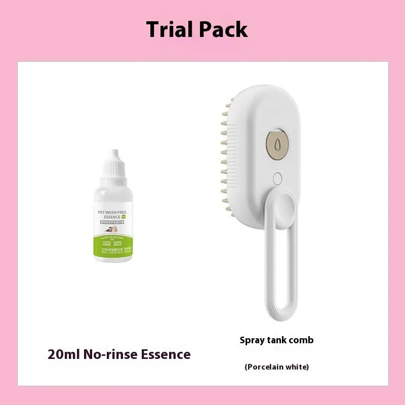 Dog grooming spray massage comb kit with wash-free essence bottle, shown in khaki colour.