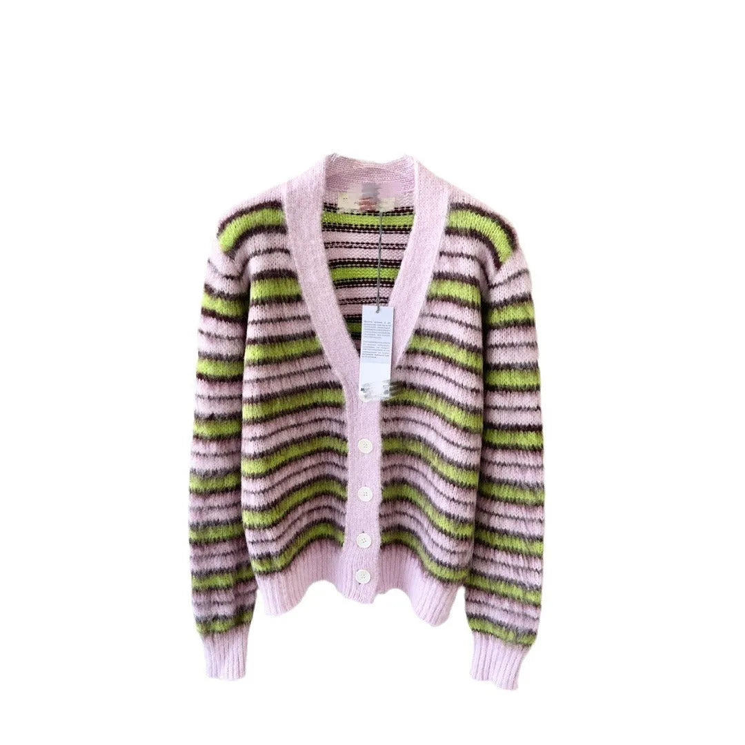 Pink Haima wool knitted cardigan sweater with regular sleeves and napped texture