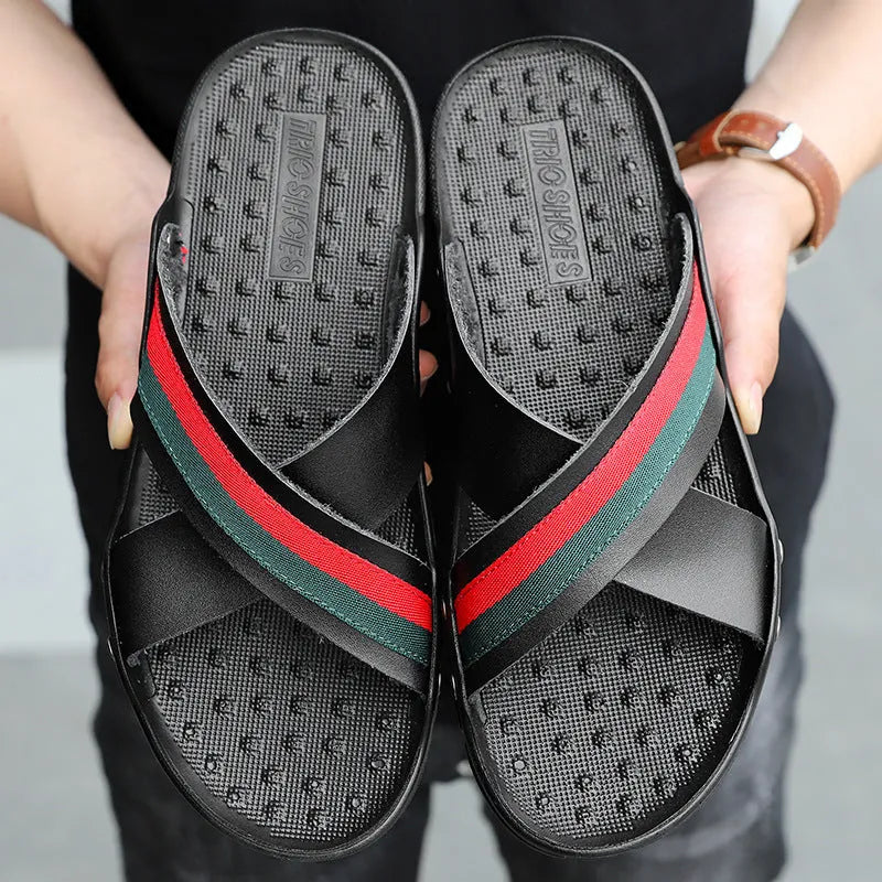 Men's cowhide leather flip-flops with PU sole in black, blue, or white colours.