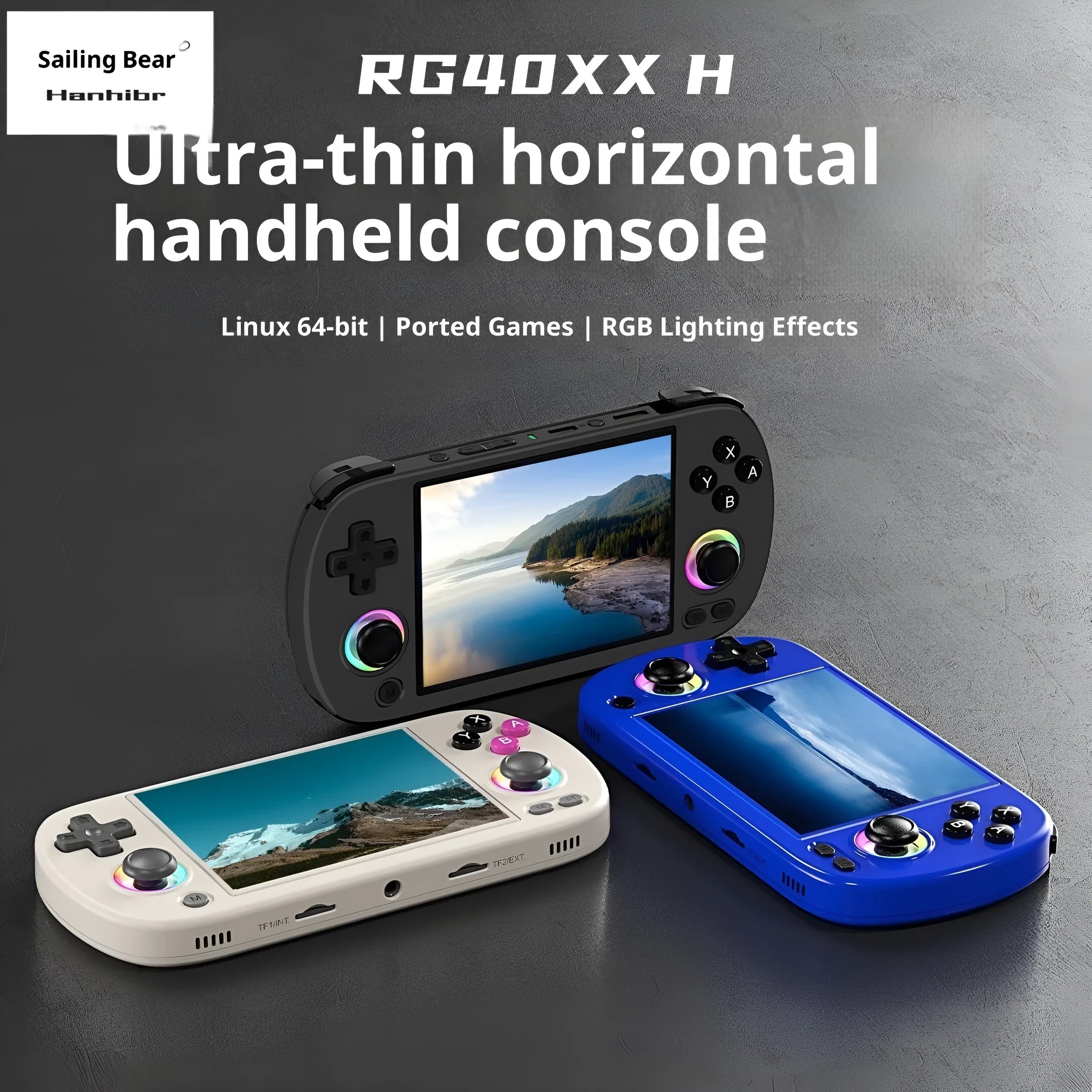 RG40XXH retro handheld game console in black with wireless handle and USB data cable