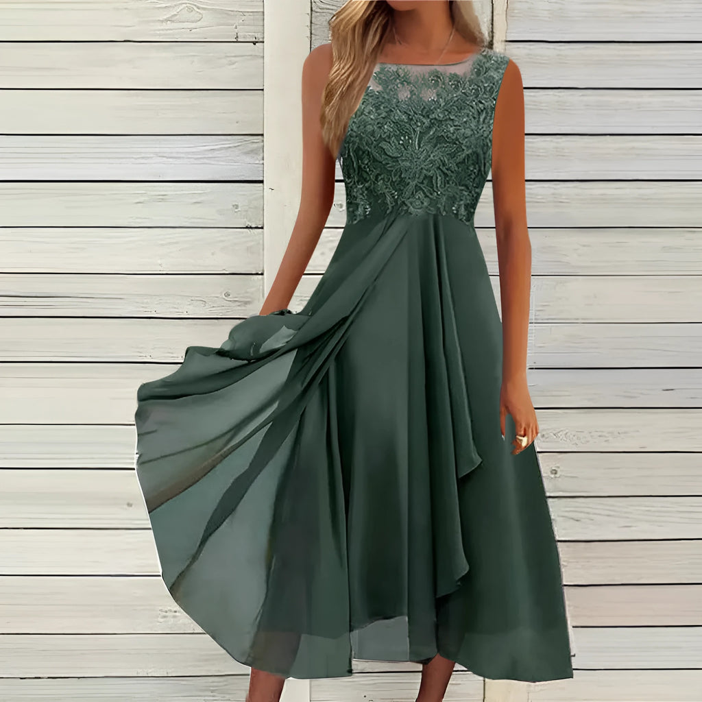 Women's sleeveless blue chiffon dress with lace stitching detail and a mid-length skirt.