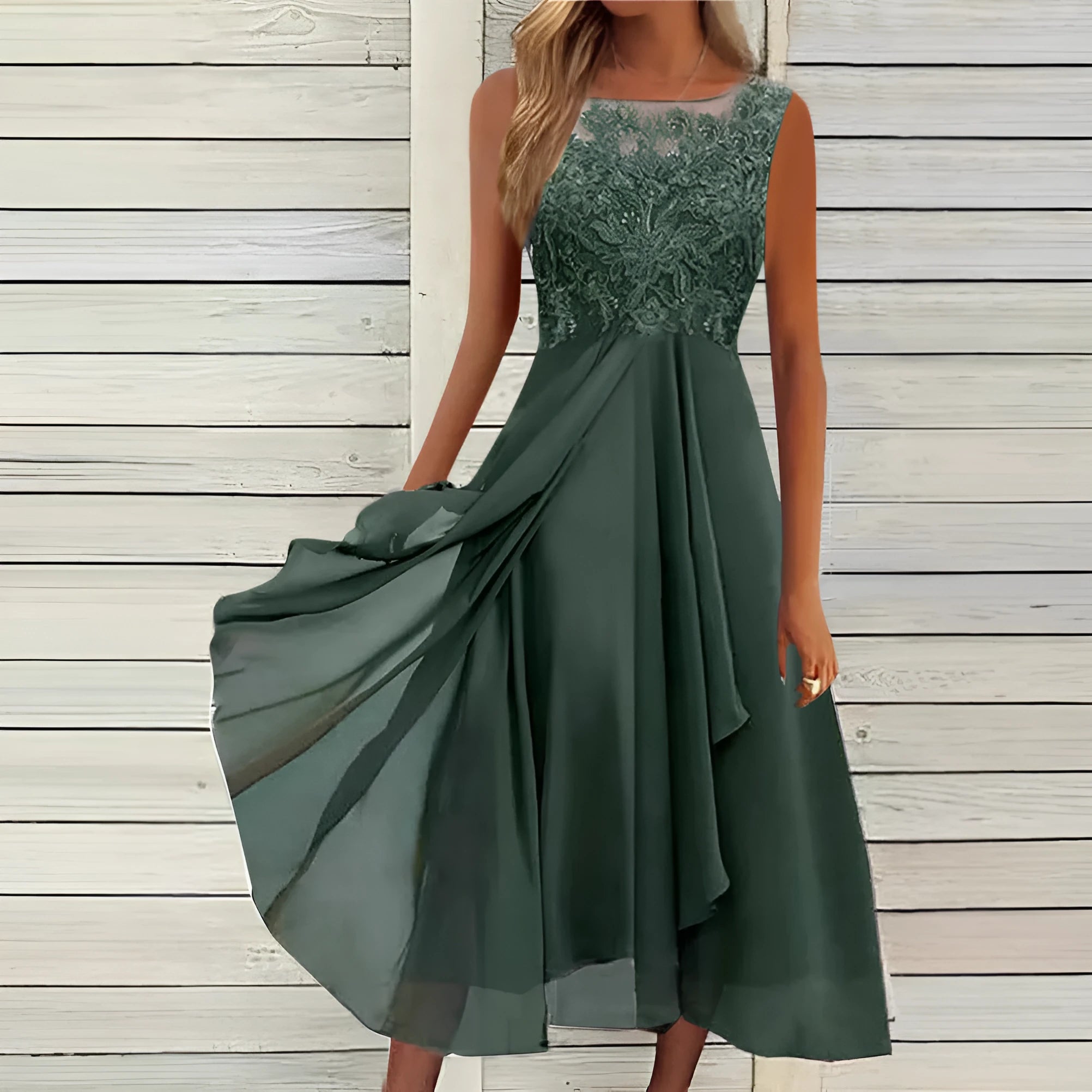 Women's sleeveless blue chiffon dress with lace stitching detail and a mid-length skirt.