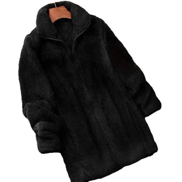 Double-sided velvet fleece-lined jacket in black, shown on a hanger