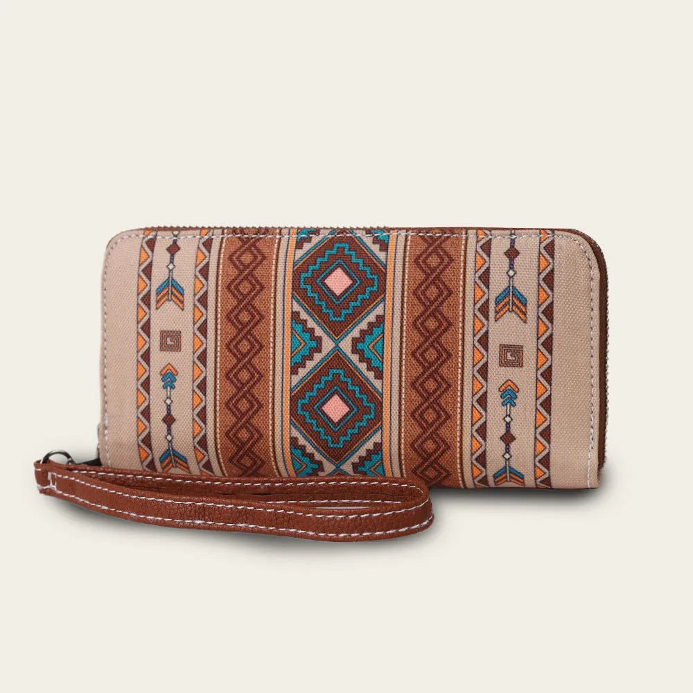 Bohemian stripe pattern RFID blocking canvas wallet in beige, black and red, blue and khaki colours