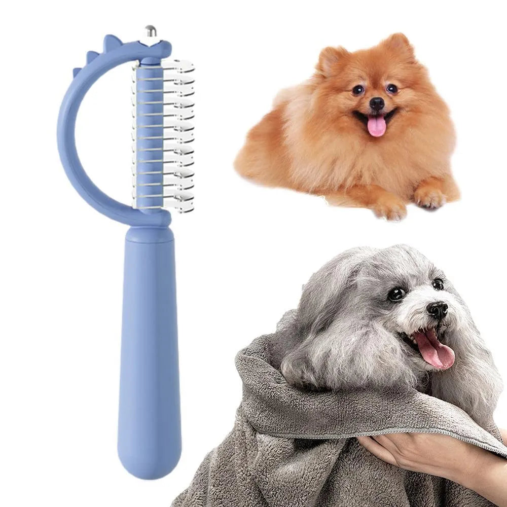 Blue dinosaur-shaped cat brush with double-sided head and self-cleaning button