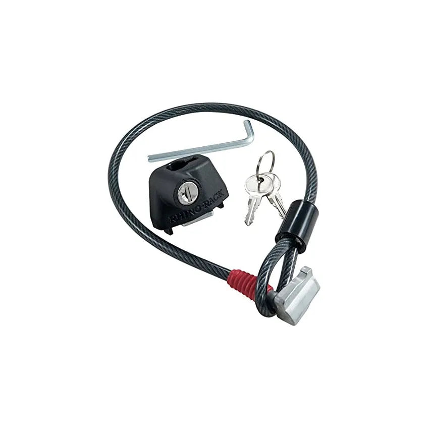 Plastic-sheathed steel cable lock for roof platforms shown securing a kayak.
