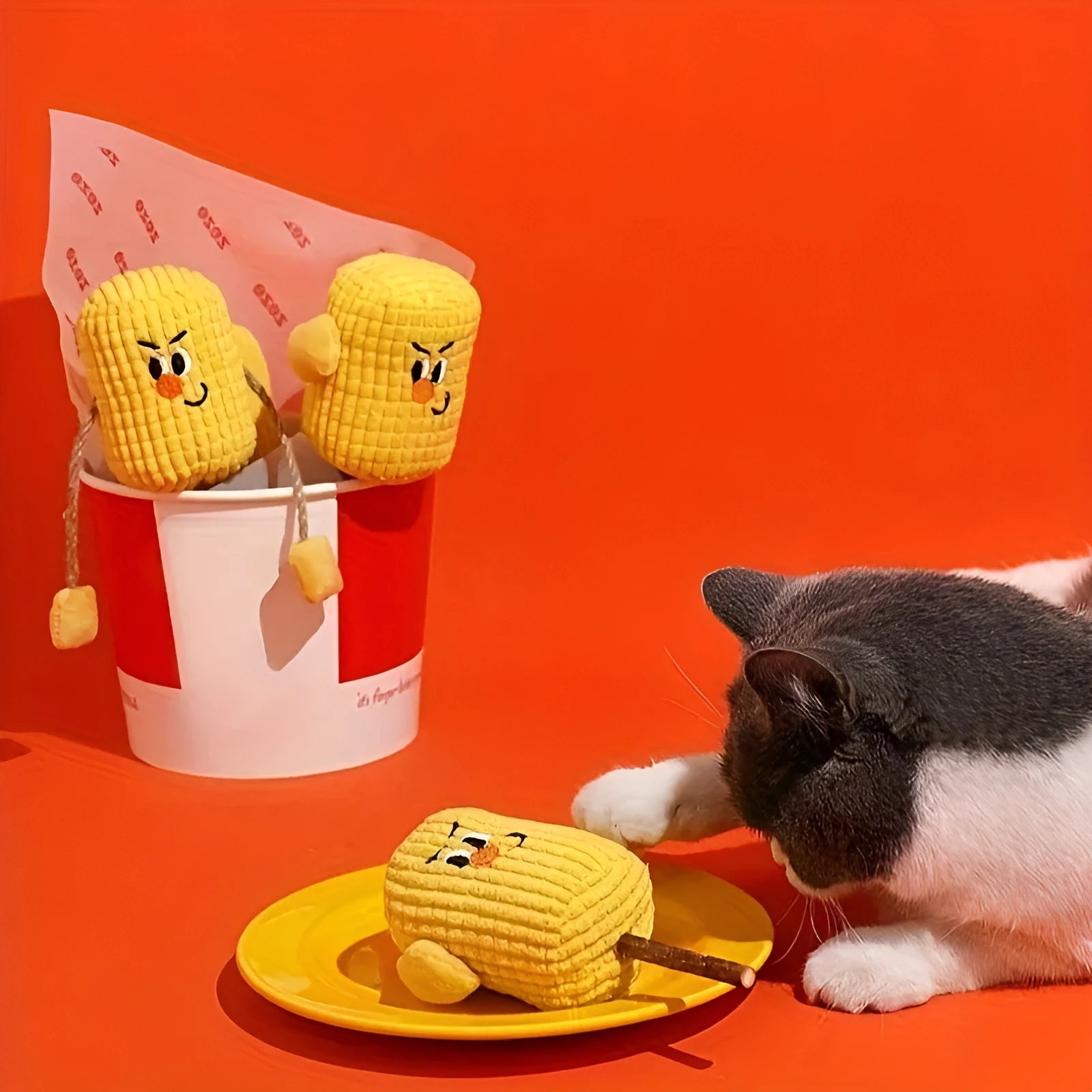 Corn cob shaped cat chew toy made from polytree wood for dental cleaning.