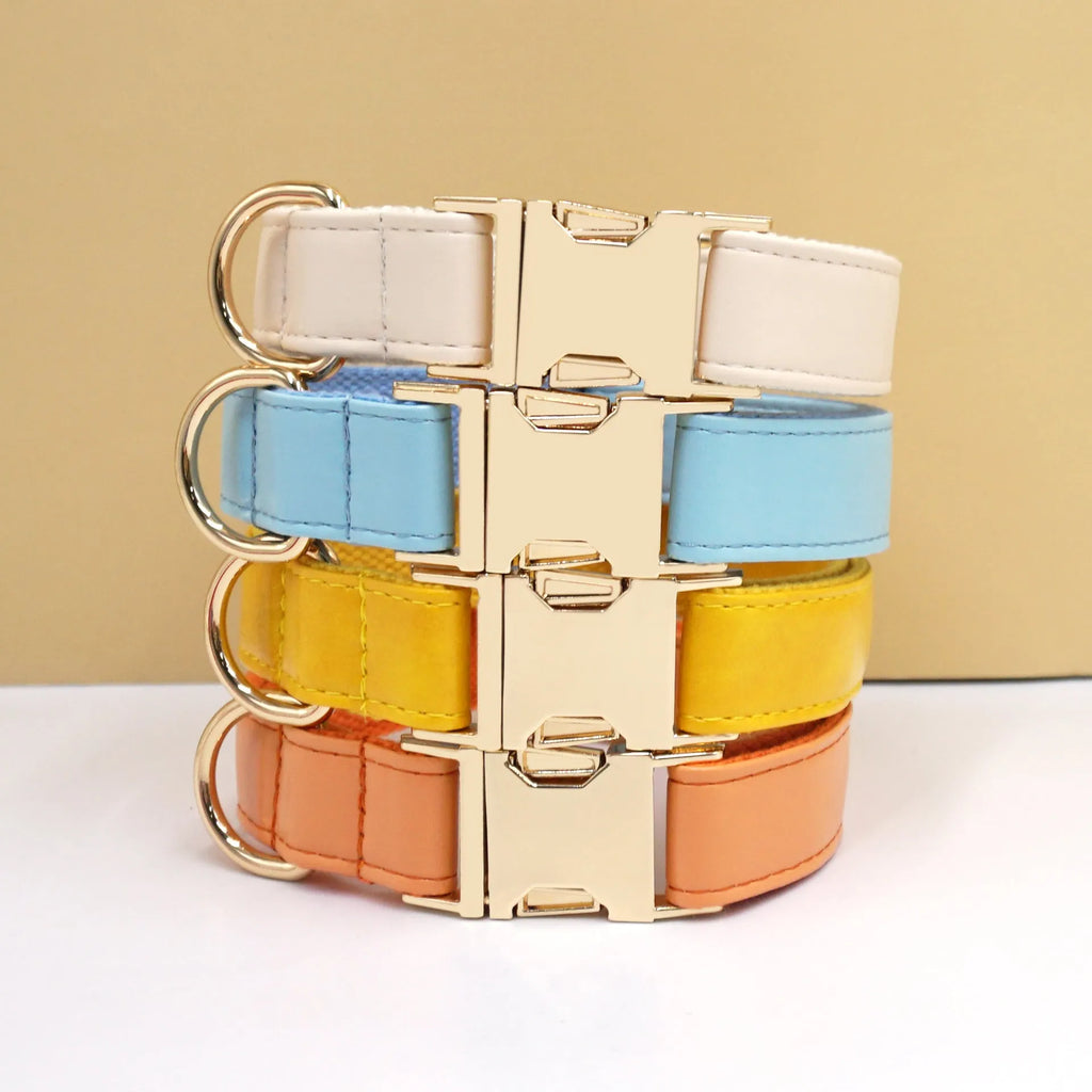 Leather Velvet-style dog collar shown in multiple colour options including caramel, dark blue, and dark brown.