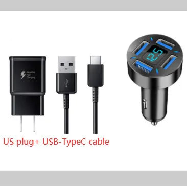 Four-port USB car charger with QC3.0 fast charging and LED voltage display for vehicles.
